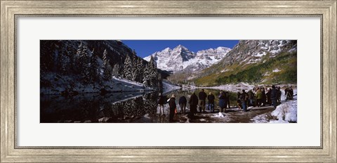 Framed Tourists at the lakeside, Maroon Bells, Aspen, Pitkin County, Colorado, USA Print