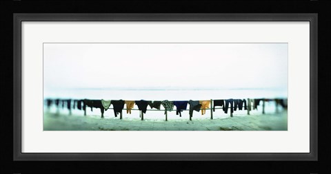 Framed Clothes drying at the riverbank, Ganges River, Varanasi, Uttar Pradesh, India Print