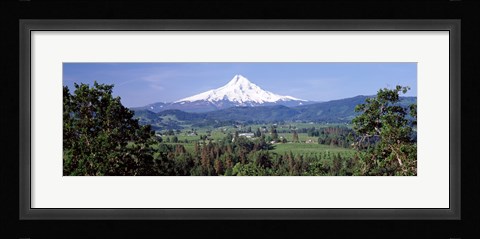 Framed Trees and farms with a snowcapped mountain in the background, Mt Hood, Oregon, USA Print