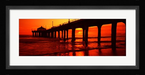 Framed Silhouette of a pier at sunset, Manhattan Beach Pier, Manhattan Beach, Los Angeles County, California, USA Print