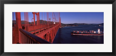 Framed Container ship passing under a suspension bridge, Golden Gate Bridge, San Francisco Bay, San Francisco, California, USA Print