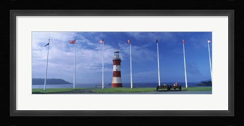 Framed Lighthouse with flags on the coast, Smeaton's Tower, Plymouth Hoe, Plymouth, Devon, England Print