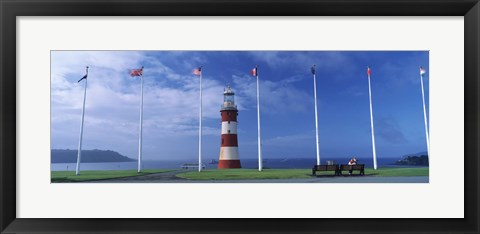 Framed Lighthouse with flags on the coast, Smeaton&#39;s Tower, Plymouth Hoe, Plymouth, Devon, England Print