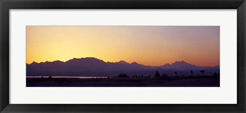 Framed Silhouette of a golf course with Sinai Mountains in the background, The Cascades Golf &amp; Country Club, Soma Bay, Hurghada, Egypt Print