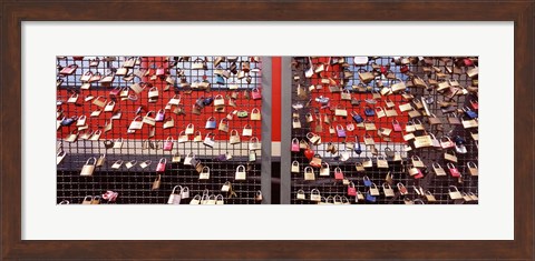 Framed Locks of Love on a fence against a Red Background, Hohenzollern Bridge, Cologne, North Rhine Westphalia, Germany Print