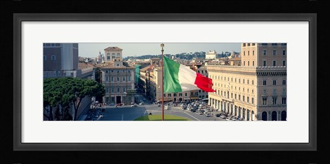 Framed Italian flag fluttering with city in the background, Piazza Venezia, Vittorio Emmanuel II Monument, Rome, Italy Print