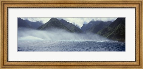 Framed Rolling waves with mountains in the background, Tahiti, Society Islands, French Polynesia Print
