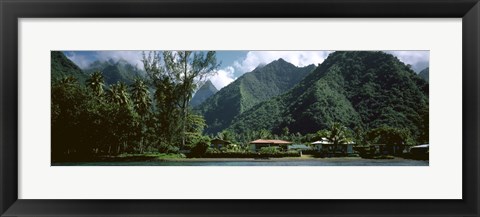 Framed Mountains and buildings at the coast, Tahiti, Society Islands, French Polynesia Print