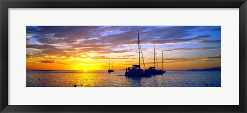 Framed Silhouette of sailboats in the ocean at sunset, Tahiti, Society Islands, French Polynesia Print
