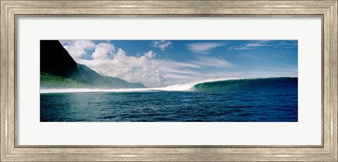 Framed Breaking Waves in Front of a Mountain Print