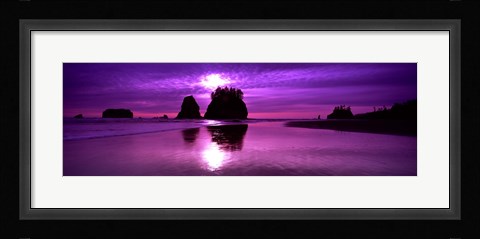 Framed Silhouette of sea stacks at sunset, Second Beach, Washington State Print