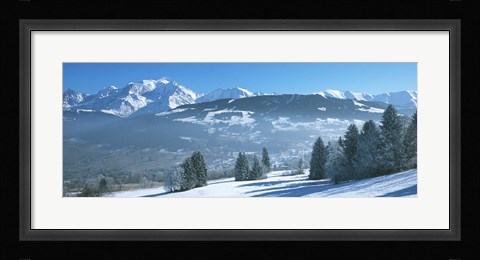 Framed Trees with snow covered mountains in winter, Combloux, Mont Blanc Massif, Haute-Savoie, Rhone-Alpes, France Print