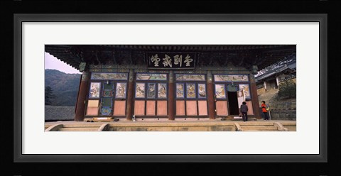 Framed Buddhist temple with a mountain range in the background, Kayasan Mountains, Haeinsa Temple, Gyeongsang Province, South Korea Print