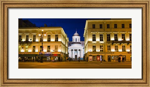 Framed Buildings in a city lit up at night, Nevskiy Prospekt, St. Petersburg, Russia Print