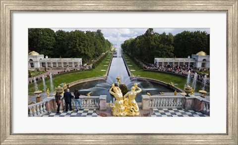 Framed Golden statue and fountain at Grand Cascade at Peterhof Grand Palace, St. Petersburg, Russia Print