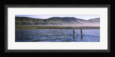 Framed Tourists paddleboarding in the pacific ocean, Santa Cruz Island, Santa Barbara County, California Print