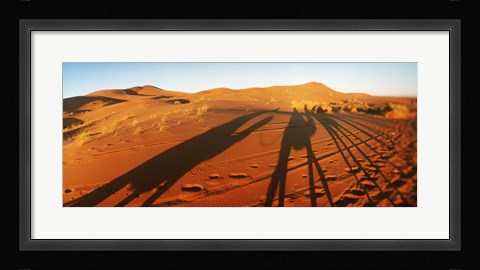 Framed Shadows of camel riders in the desert at sunset, Sahara Desert, Morocco Print