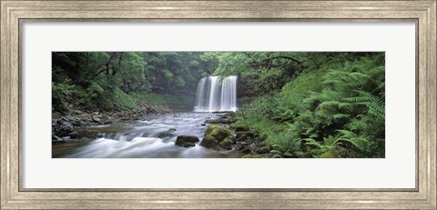 Framed Waterfall in a forest, Sgwd Yr Eira (Waterfall of Snow), Afon Hepste, Brecon Beacons National Park, Wales Print