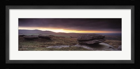 Framed Bright horizon with dark clouds from Higher Tor, Dartmoor, Devon, England Print