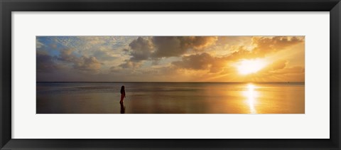 Framed Woman standing on sandbar looking at sunset, Aitutaki, Cook Islands Print