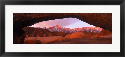 Framed Rock formations with mountains in the background, Mt Whitney, Lone Pine Peak, California, USA Print
