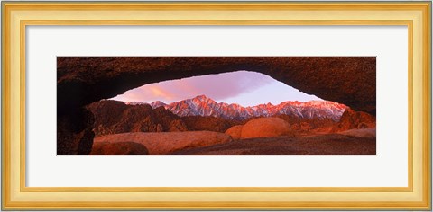 Framed Rock formations with mountains in the background, Mt Whitney, Lone Pine Peak, California, USA Print