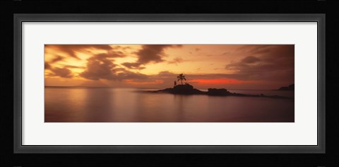 Framed Silhouette of a palm tree on an island at sunset, Anse Severe, La Digue Island, Seychelles Print