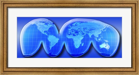 Framed Map of World from Goode&#39;s Homolosine Projection (blue) Print