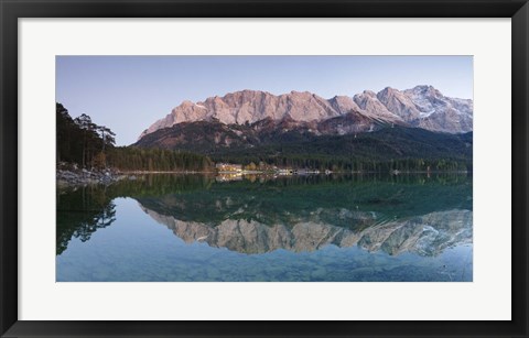 Framed Wetterstein Mountains, Zugspitze Mountain and Eibsee Hotel reflecting in Lake Eibsee, Bavaria, Germany Print