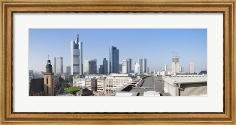 Framed City skyline with St. Catherine&#39;s Church from over the rooftop of the Cathedral Museum, Frankfurt, Hesse, Germany Print