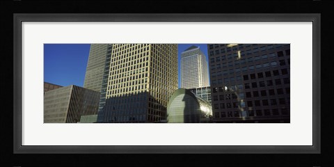 Framed Low angle view of towers, Canary Wharf Tower, South Quay, Isle of Dogs, London, England Print