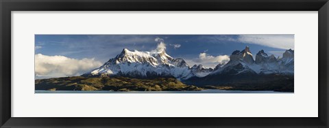 Framed Lake in front of mountains, Lake Pehoe, Cuernos Del Paine, Paine Grande, Torres del Paine National Park, Chile Print