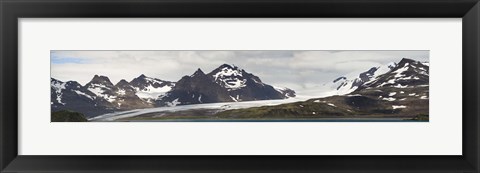 Framed Bay in front of snow covered mountains, Grace Glacier, Salisbury Plain, Bay of Isles, South Georgia Island Print