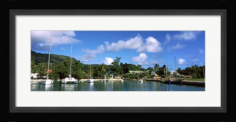 Framed Yachts and small fishing boats at the harbor on La Digue Island, Seychelles Print
