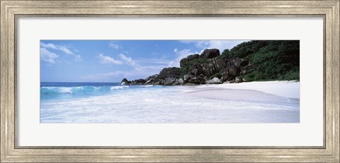 Framed Rock formations on the beach, Grand Anse, La Digue Island, Seychelles Print