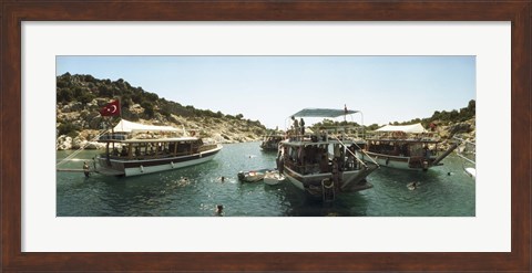 Framed Boats with people swimming in the Mediterranean sea, Kas, Antalya Province, Turkey Print