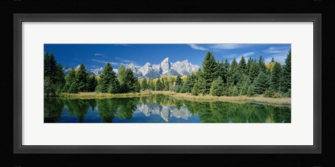 Framed Reflection of trees in water with mountains, Schwabachers Landing, Grand Teton, Grand Teton National Park, Wyoming, USA Print