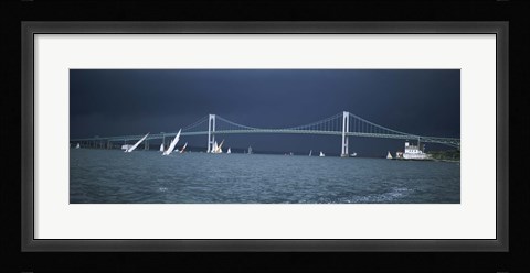 Framed Storm approaches sailboats racing past Rose Island lighthouse and Newport Bridge in Narragansett Bay, Newport, Rhode Island USA Print