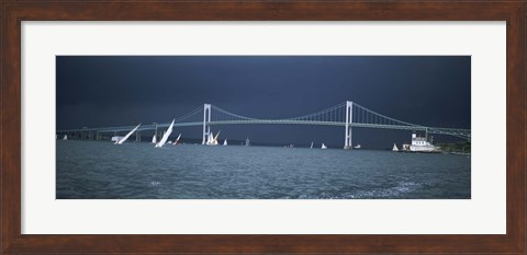 Framed Storm approaches sailboats racing past Rose Island lighthouse and Newport Bridge in Narragansett Bay, Newport, Rhode Island USA Print