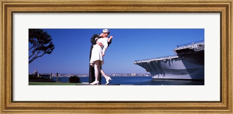 Framed Kiss between sailor and nurse sculpture, Unconditional Surrender, San Diego Aircraft Carrier Museum, San Diego, California, USA Print