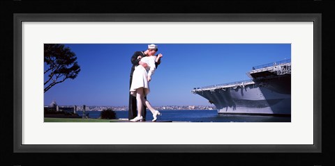 Framed Kiss between sailor and nurse sculpture, Unconditional Surrender, San Diego Aircraft Carrier Museum, San Diego, California, USA Print