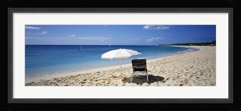 Framed Single Beach Chair And Umbrella On Sand, Saint Martin, French West Indies Print