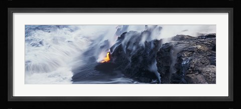 Framed High angle view of lava flowing into the Pacific Ocean, Volcano National Park, Hawaii, USA Print