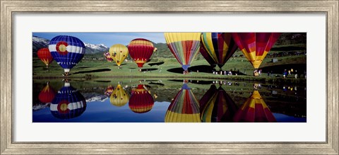 Framed Reflection of hot air balloons in a lake, Snowmass Village, Pitkin County, Colorado, USA Print