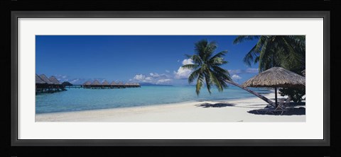 Framed Lounge chair under a beach umbrella, Moana Beach, Bora Bora, French Polynesia Print