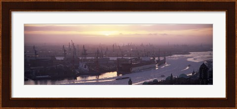Framed High angle view of container ships in the river, Elbe River, Landungsbrucken, Hamburg Harbour, Hamburg, Germany Print