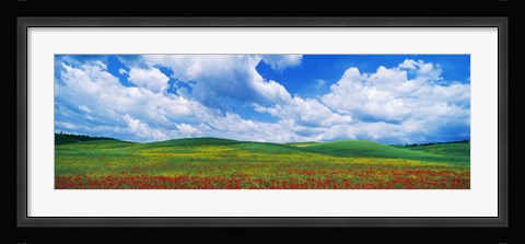 Framed Open Field, Hill, Clouds, Blue Sky, Tuscany, Italy Print