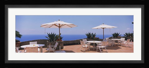 Framed Patio umbrellas in a cafe, Positano, Amalfi Coast, Salerno, Campania, Italy Print