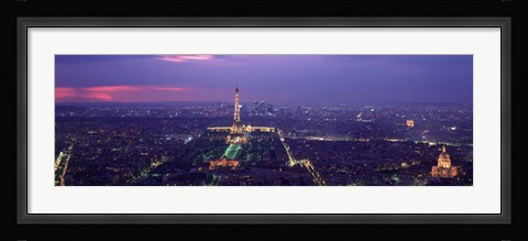 Framed Aerial view of a city at twilight, Eiffel Tower, Paris, Ile-de-France, France Print