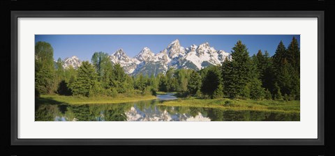 Framed Reflection of a snowcapped mountain in water, Near Schwabachers Landing, Grand Teton National Park, Wyoming, USA Print